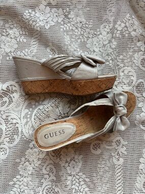 GUESS Women's Silver Knot Cork Wedge Sandals